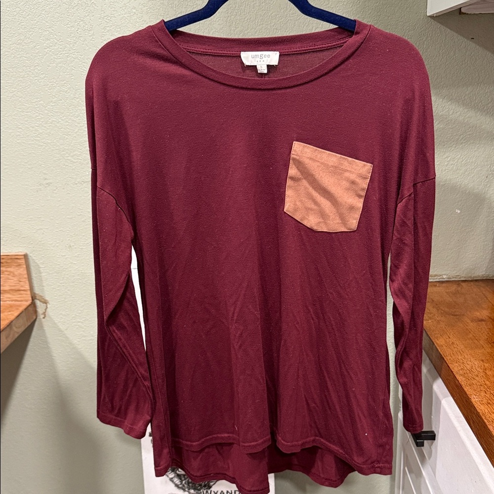 Umgee Burgundy Long Sleeve with Faux Swede Pocket